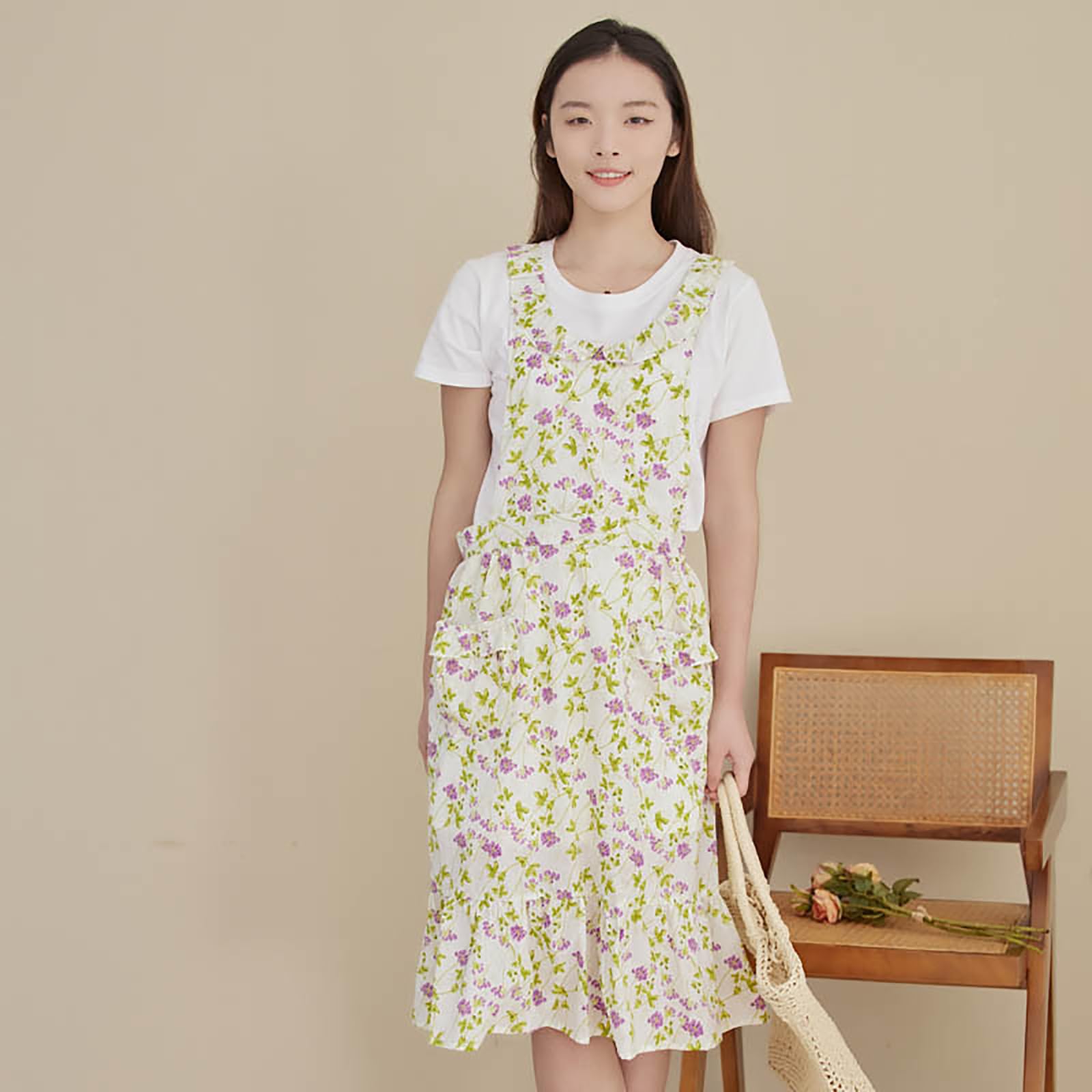 Delantal De Algodón para Mujer, Lindo Delantal Estampado, Delantal De Cocina Ajustable con Espalda Cruzada Y Bolsillos,One Size,White