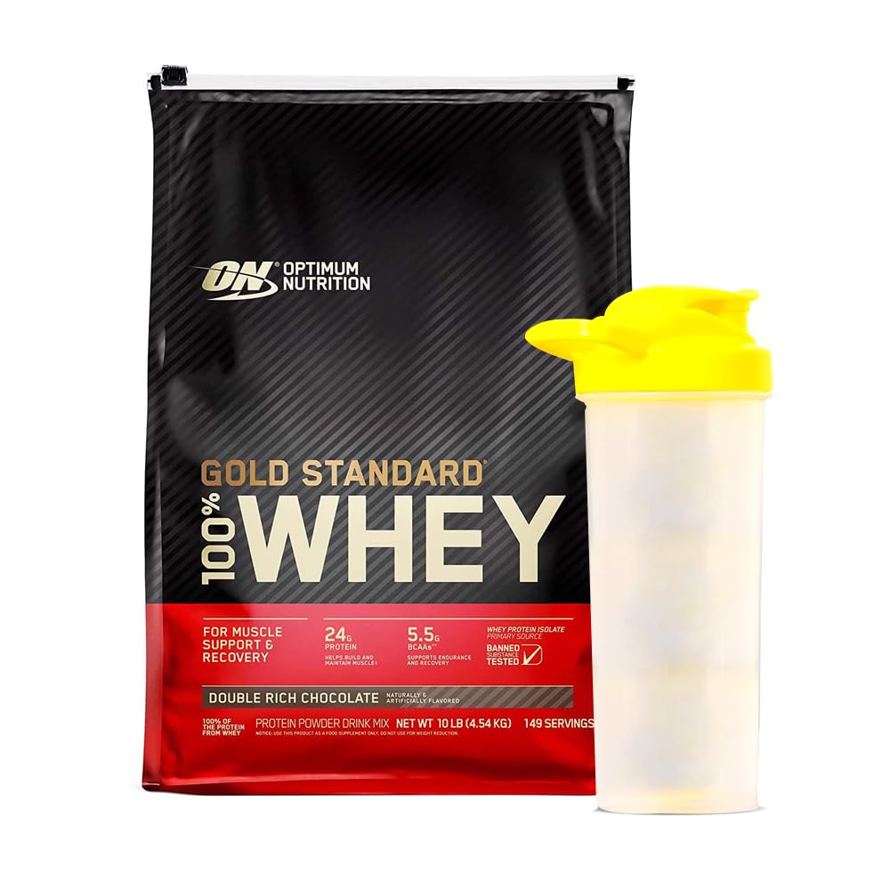 (ON) Gold Standard 100% Whey Protein Powder Primary Source Isolate, 24 Grams of Protein for Muscle Support and Recovery - Double Rich Chocolate, 10 Lbs, 149 Servings (With shaker)