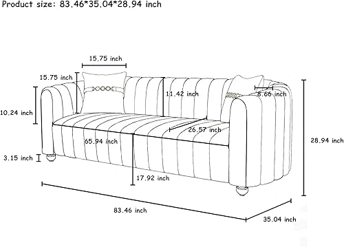 Miniatura 9 de Sofá de terciopelo negro de 83 pulgadas, sofá moderno de mediados de siglo para 3 personas Chesterfield copetudo de terciopelo con 2 almohadas para