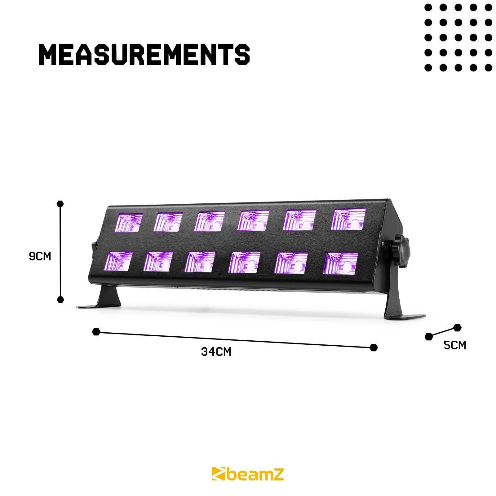 BeamZ BUV263 UV LED Schwarzlicht Bar – 12x 3W UV LEDs | Schwarzlicht Lampe mit 65° Abstrahlwinkel | Partylicht, Clublicht, UV Effektbeleuchtung | Plug & Play UV Bar für Party & Bühne