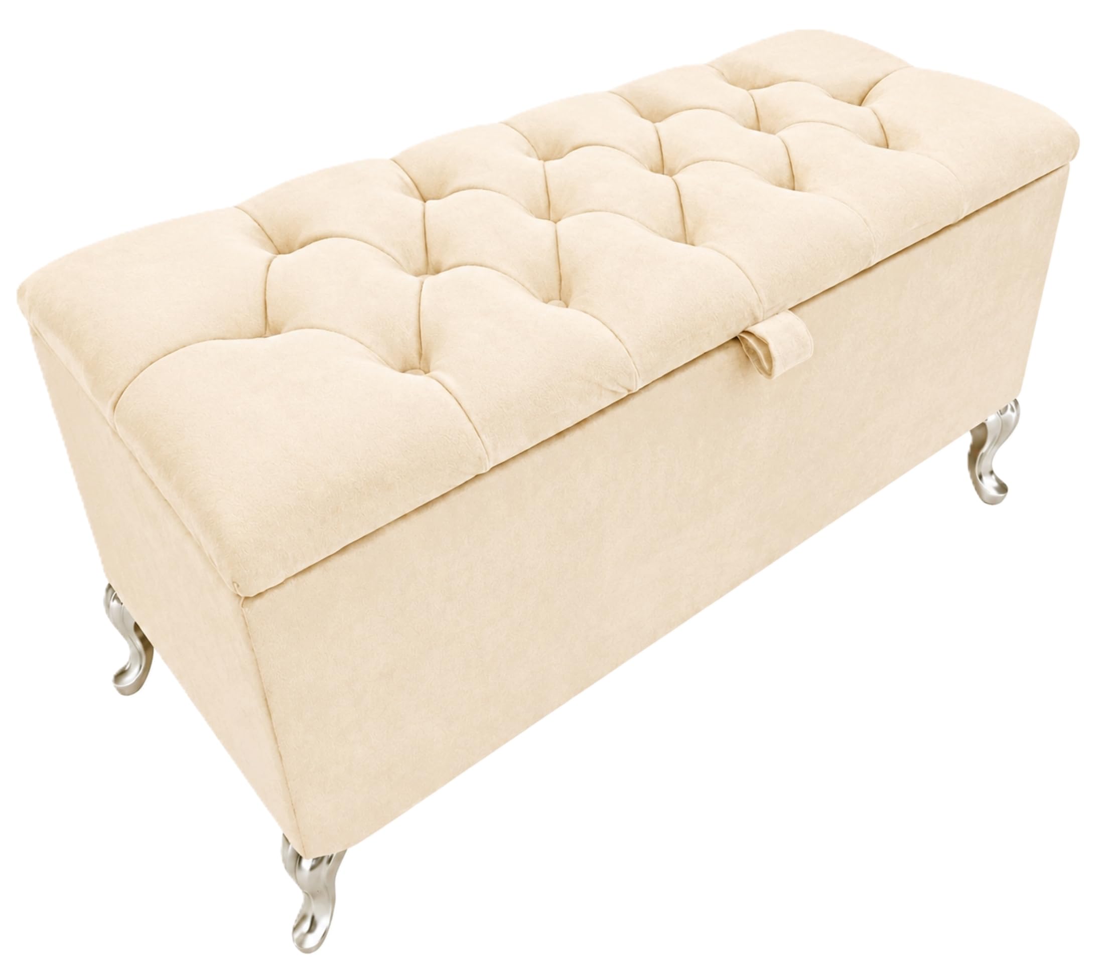 SK Ottoman Storage Box, Fabric Button Velvet Bench, Silver Legs, Cream — image 1