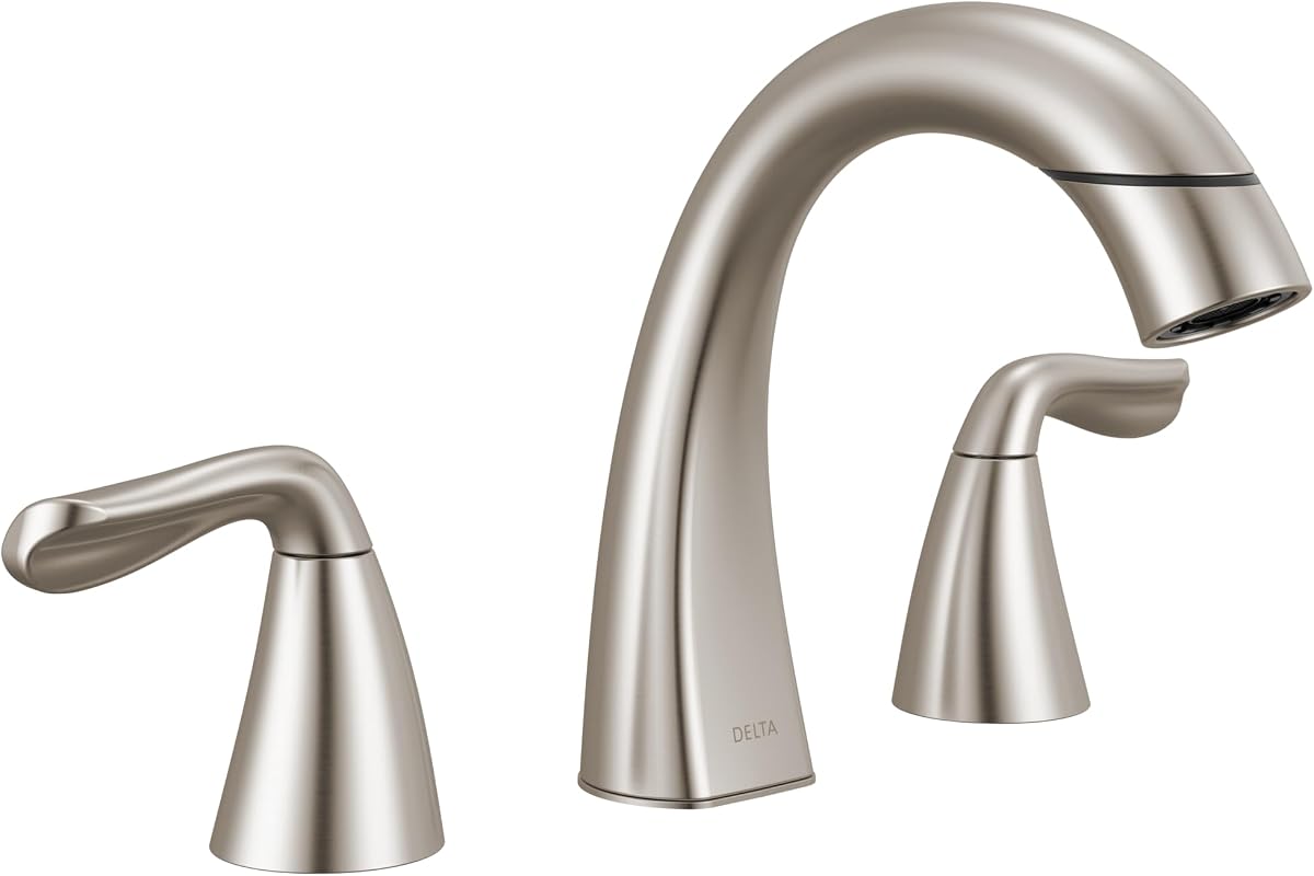 Delta Arvo grifo de baño de níquel cepillado con pulverizador, grifo de fregadero de baño de 8 pulgadas con 3 agujeros generalizado con pulverizador extraíble, drenaje push-pop, SpotShield inoxidable 35840LF-SPPD