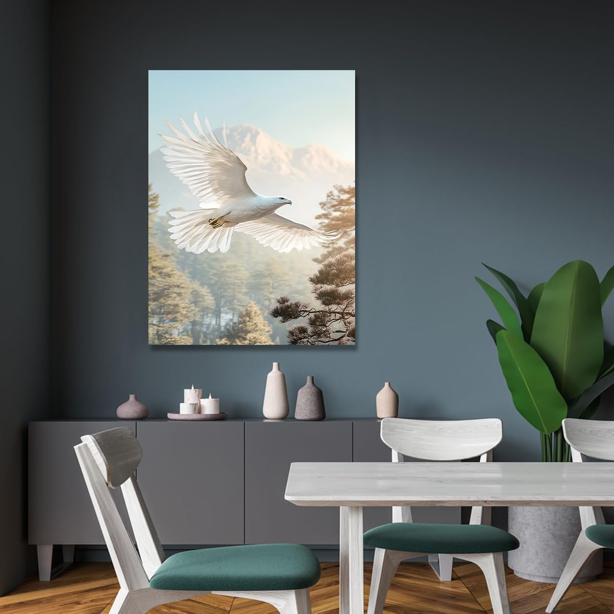 CHERHERART Affiche en toile de vol de l’aigle blanc Forêt de pins enneigés Peinture murale de la faune Inspirant toile de nature Tirages pour bureau 80x120cm sans cadre