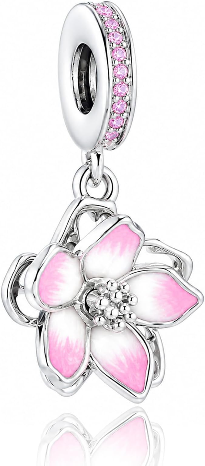 925 Sterling Silver Pink Cherry Blossom Bead Charms for Pandora bracelets