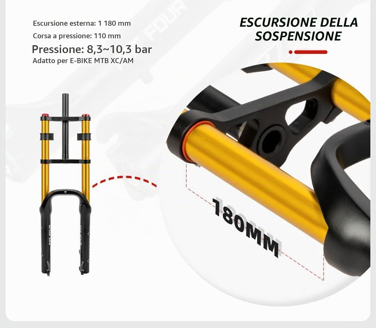 Forcella 20 Pollici Pneumatico 4,0" Sospensioni pneumatiche Biciclette 1-1/8" Freno a Disco QR Escursione 140mm Rimbalzo Regolabile per BMX Snow Beach XC Forcella e-Bike