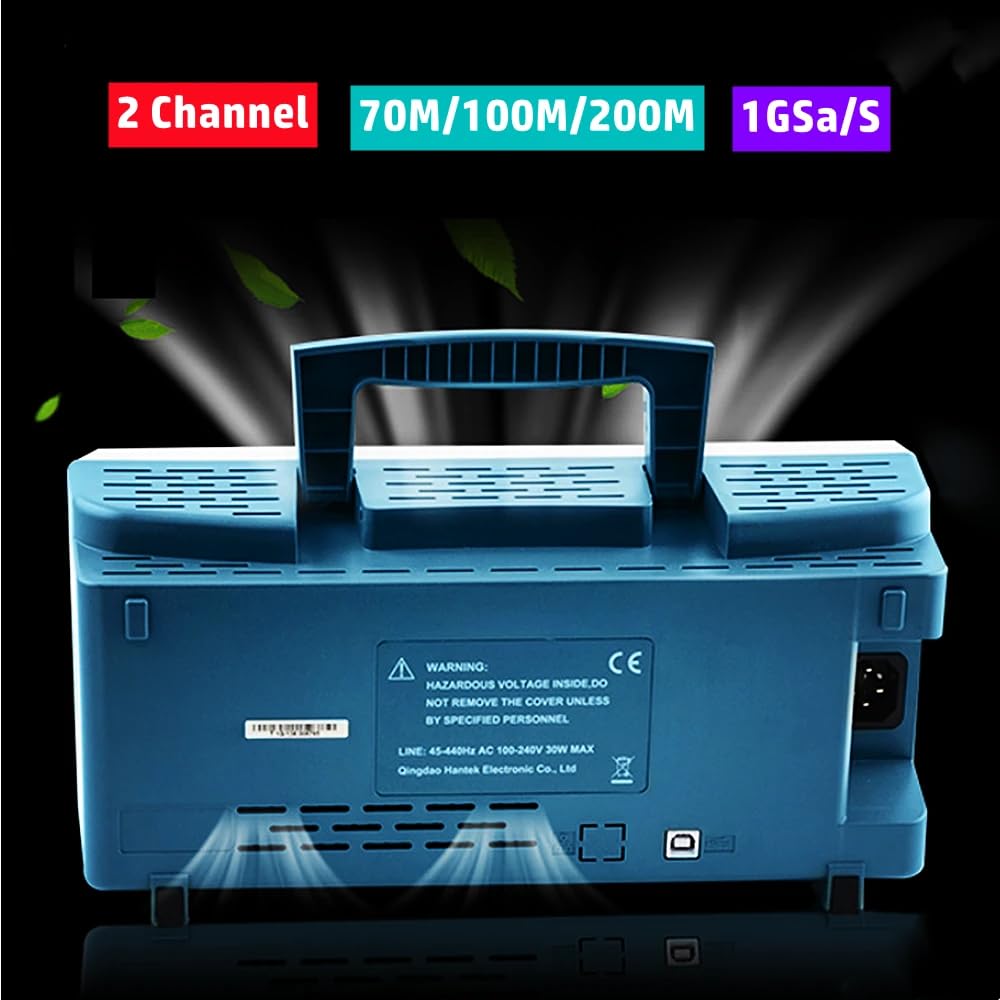 Rear view of Hantek DSO5072P oscilloscope showing power input and ventilation