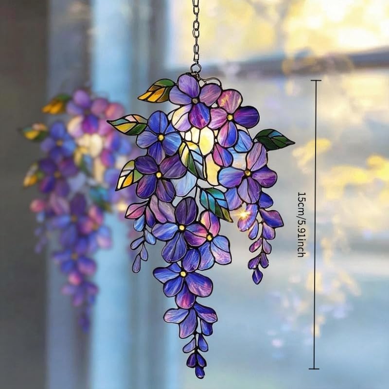 [2 Pack] Holographic Wisteria Acrylic Suncatcher, 5.91" x 5.91" Floral Window Decor with Rainbow Effect, Spring Garden Hanging Ornament for Mom & Home Decoration - 4