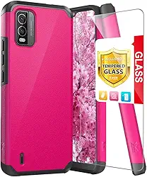 TJS Capa compatível com Nokia C210, com protetor de tela de vidro temperado, camada dupla, suporte magnético híbrido, à prova de choque, capa para celular para Nokia C210 (rosa)