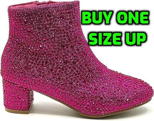Forever Girls Rhinestone Boots Kids Low Heel Dress Booties Iceberg-12K Shoes Fuchsia Rhinestone 12
