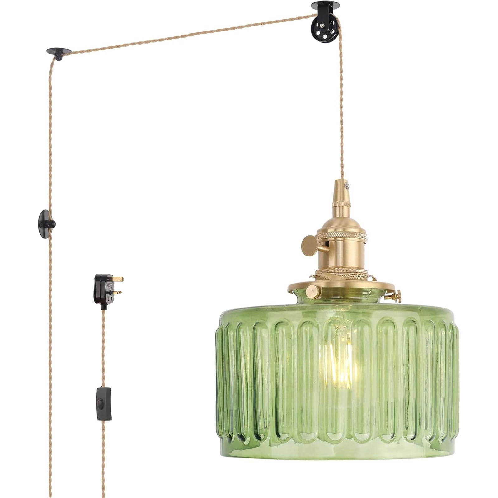 Shenmoyl Plug in Pendant Light Hanging Light Fixture Corded On/Off Switch Brass Pendant Light with Green Striped Glass Lampshade for Bedroom Living Room Kitchen Island