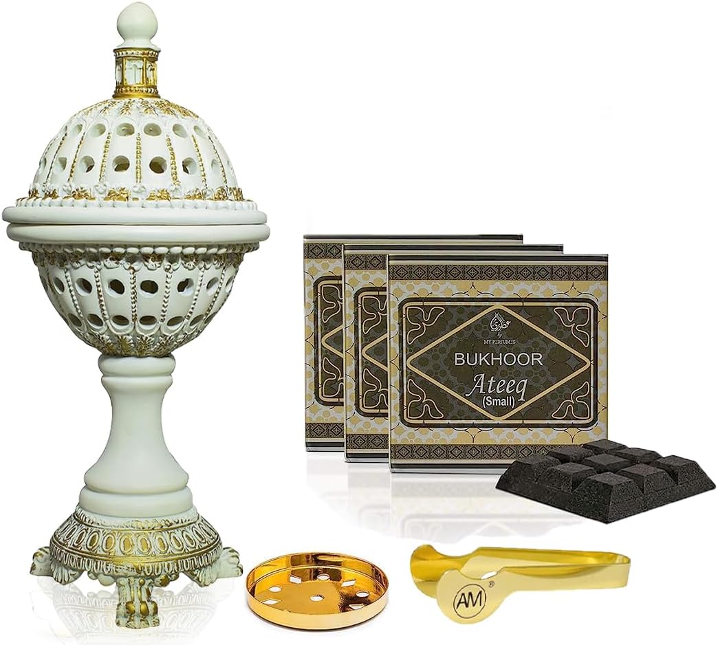 AM Luxury Globe Incense Burner (White) and Bakhoor Ateeq Incense 3 Pack (40g) Bundle