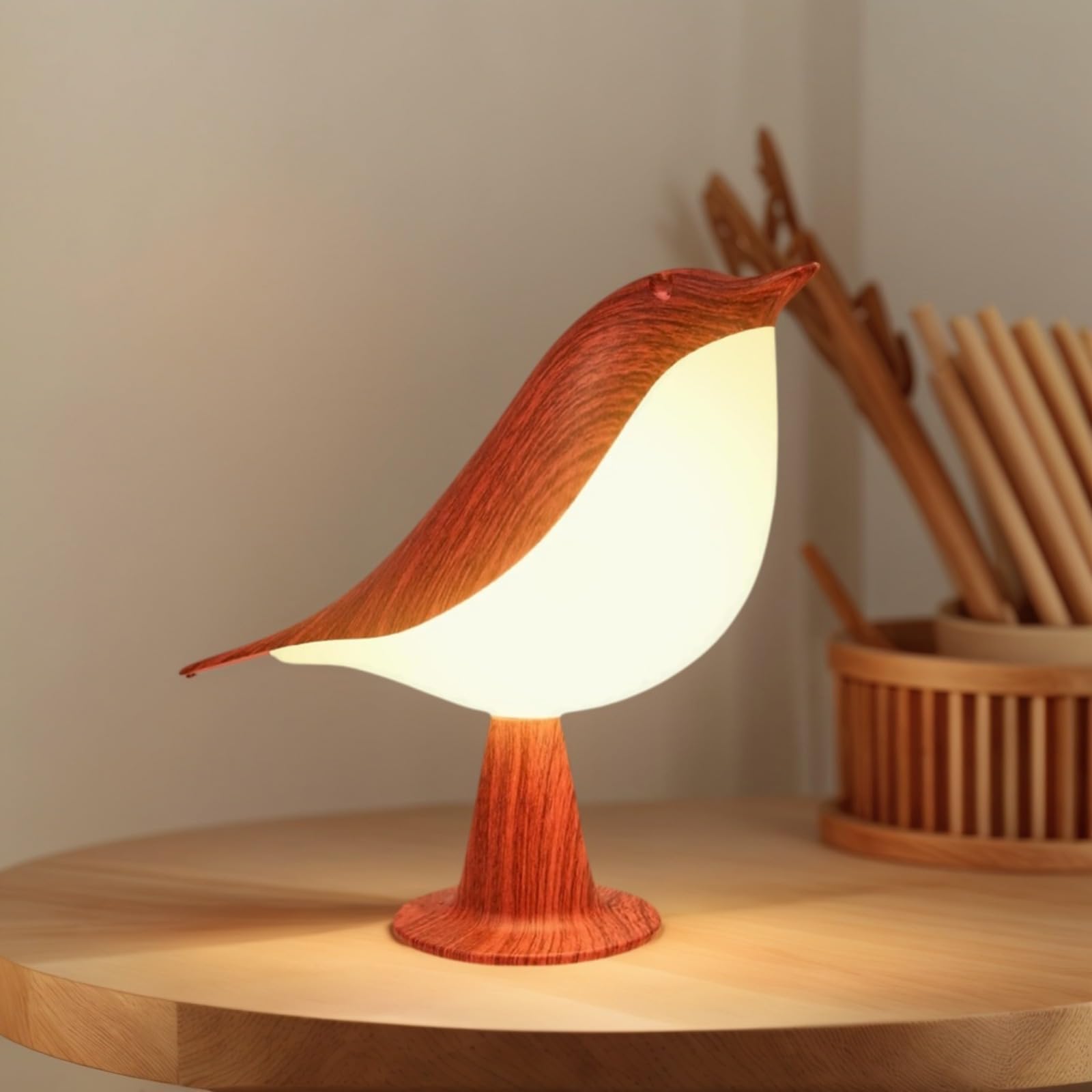 Cordless Bird-Shaped Table Lamp | 3-Color Touch Night Light, 2600mAh Rechargeable, Detachable & Aroma Diffuser for Kids' Room Decor (Red)
