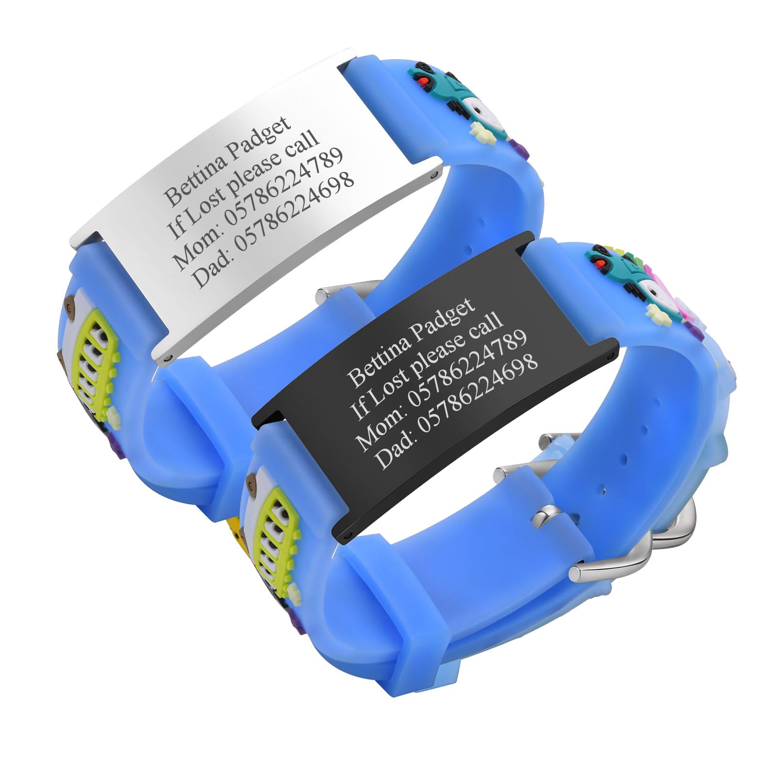 Pack of 2 Assorted Color Personalised Stainless Steel Soft Silicone Child Safety ID Bracelets Adjustable Anti-Lost ID Wristbands for Kid Girls Boys