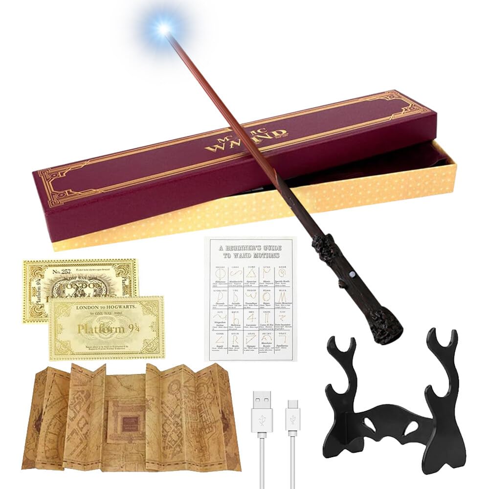 CJBIN Harry Zauberstab mit Licht, Zauberstab Harry, Harry Wand mit USB Aufladung, HPotter Stab in Geschenkbox mit Karte, Stationsticket, Landkarte, und Zauberstabhalter