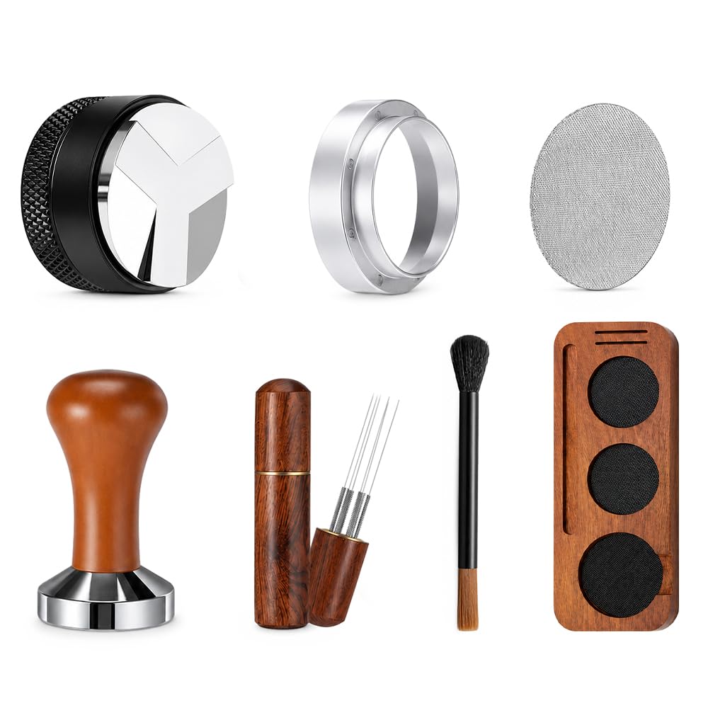 Kit Barista 51mm, HOVCEH Kit Cafe, Kit Barista Café 7 Piezas Incluye Prensador, Herramienta WDT, Distribuidor, Embudo de Dosificación, Rejilla para Discos, Estación de Prensado y Cepillo de Limpieza