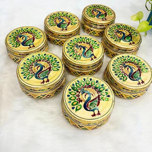 Image of NAVRANG Stainless Steel Meenakari Storage Box /Chapati Box /Roti Box (Pack of 8, Golden, 10.5 x 10.5 x 5.5 cm, Peacock Design)