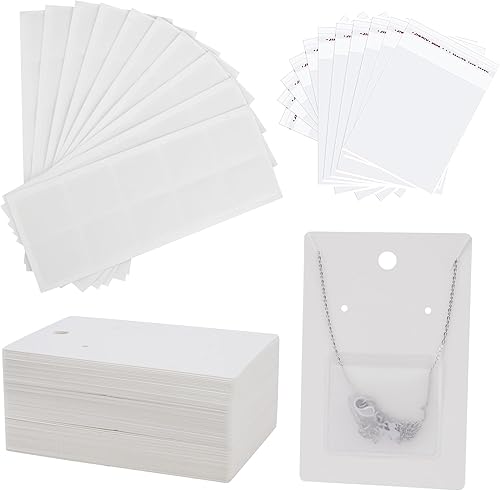 Miniatura 7 de Temlum 100 tarjetas de exhibición de joyas con 100 bolsas adhesivas y bolsas transparentes, soportes para tarjetas de collar y aretes para vender