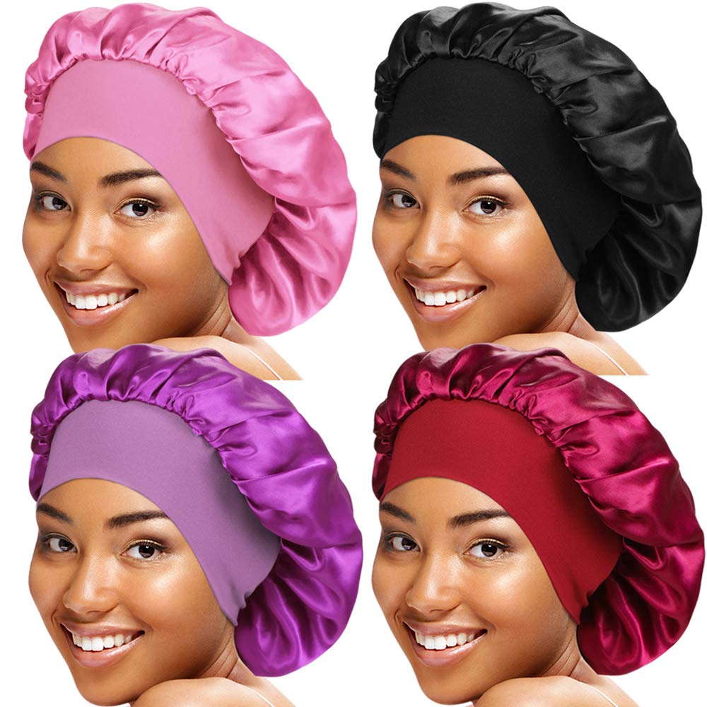 4 Satin-Schlafhauben Set – Weiche Nachtmützen Für Frauen, Elastisch, Haarschonend, In Verschiedenen Farben
