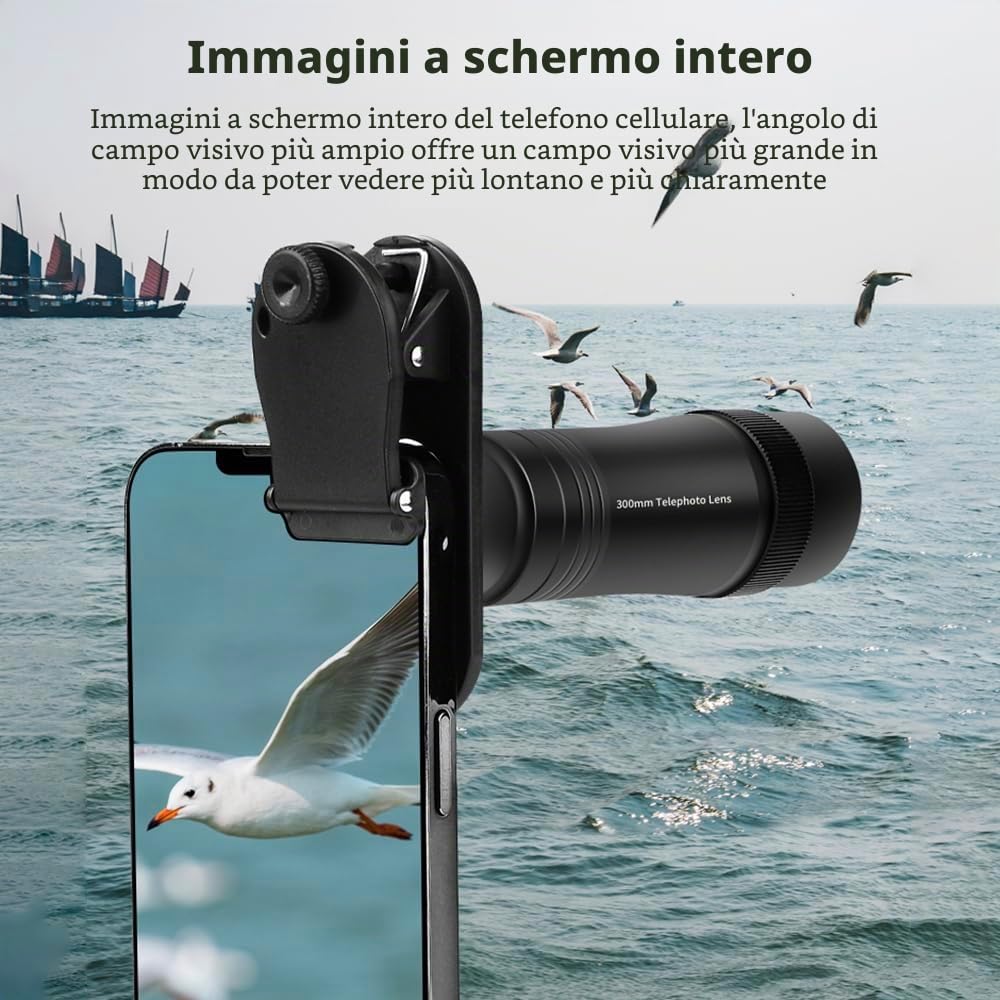 Andoer Obiettivo per telefono cellulare 300 mm per smartphone, zoom 10X, con clip universale per obiettivo, panno per la pulizia, custodia per escursioni, campeggio, osservazione degli animali, luna,