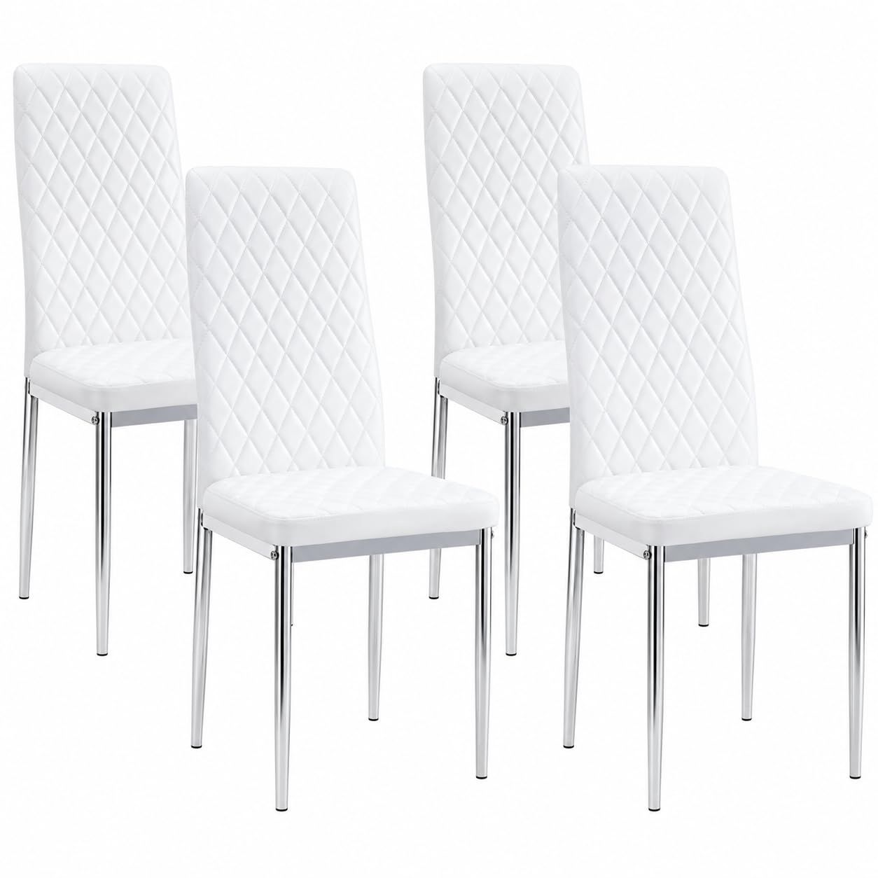 ASR INTERIORS Set Of 4 California Modern PU Leather Dining Chairs Set | Quilted High-Back Padded Seat Kitchen Chairs with Chrome Legs for Dining Room, Restaurant, Home, Office (White)