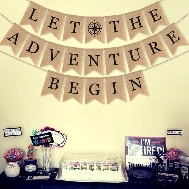 SWYOUN Burlap Let the Adventure Begin Banner Adventure Awaits Travel Themed Party Supplies Baby Shower Graduation Retirement Party Mantle Fireplace Decoration image 2