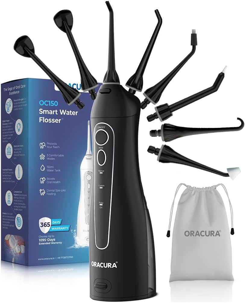 Smart Water Flosser OC001 with Protective Case | Portable and USB cable Rechargeable | IPX7 Waterproof | 3 Modes | Water Flossing for Home and Travel, Braces & Bridges Care, (Black with case)