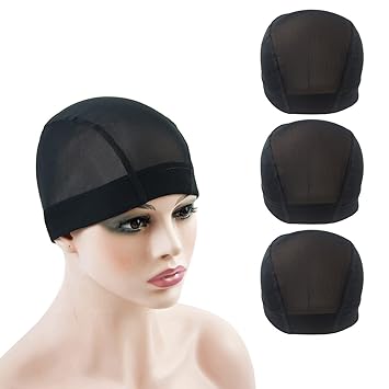 3 Pcs Mesh Caps for Making Wigs Stretchable Dome Mesh Wig Caps Stretchy Nylon Wig Caps with Wide Elastic Band (Black Mesh Cap S)