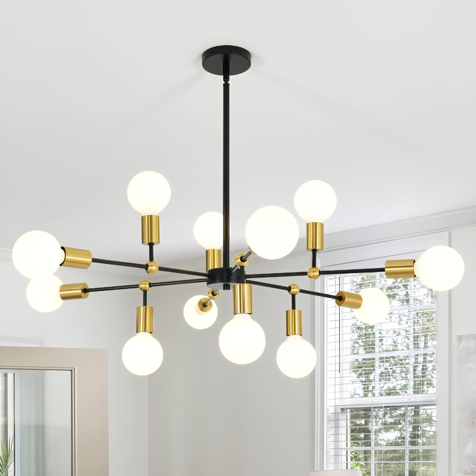 KUSSCO 12-Lights Modern Chandeliers for Dining Room Adjustable Height Black and Gold Pendant Lights Kitchen Island Farmhouse Sputnik Chandelier for