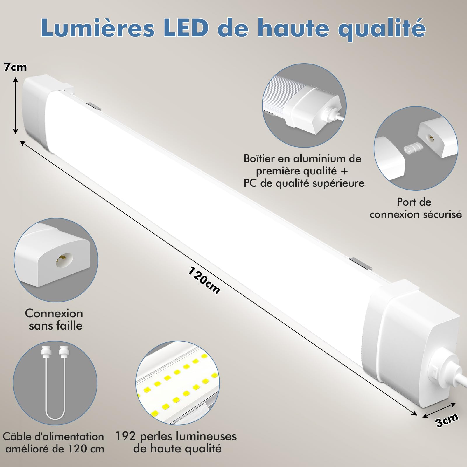 10 Pièces Neon 120cm, Tube 40W 4000LM, Blanc Neutre 4500K Connectable Réglette Avec Couvercle Transparent, IP65 Imperméable Luminaire Plafonnier Pour Bureau Atelier Garage Sous Sol