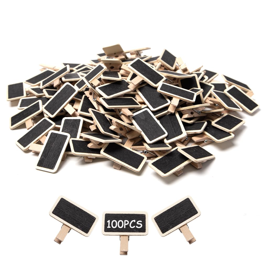Mini Pizarra de Madera con Pinza 100 Piezas Negro Clips de Pizarra para Etiquetas Alimentarias
