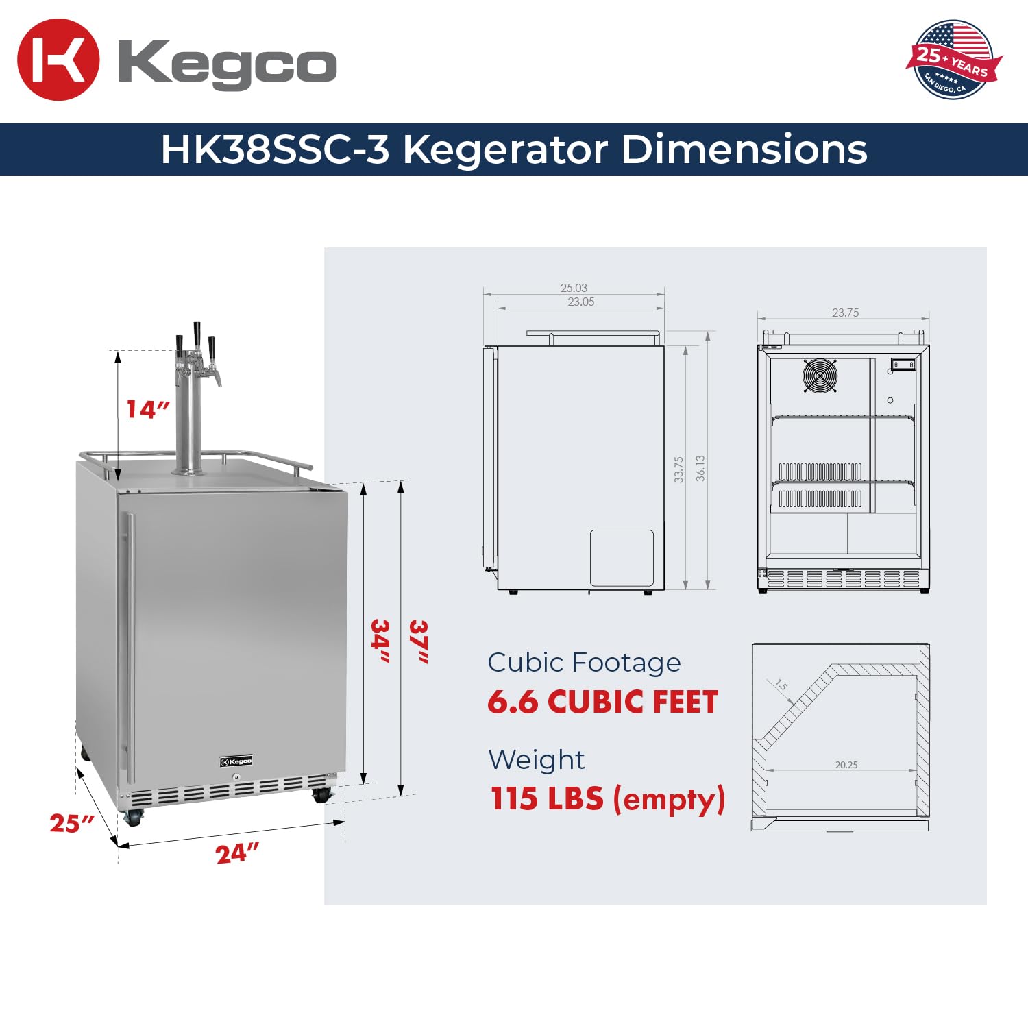 Kegco Kegerator 24" Wide Triple Tap Stainless Steel Commercial Beer Dispenser HK38SSC-3 on Fridge.com