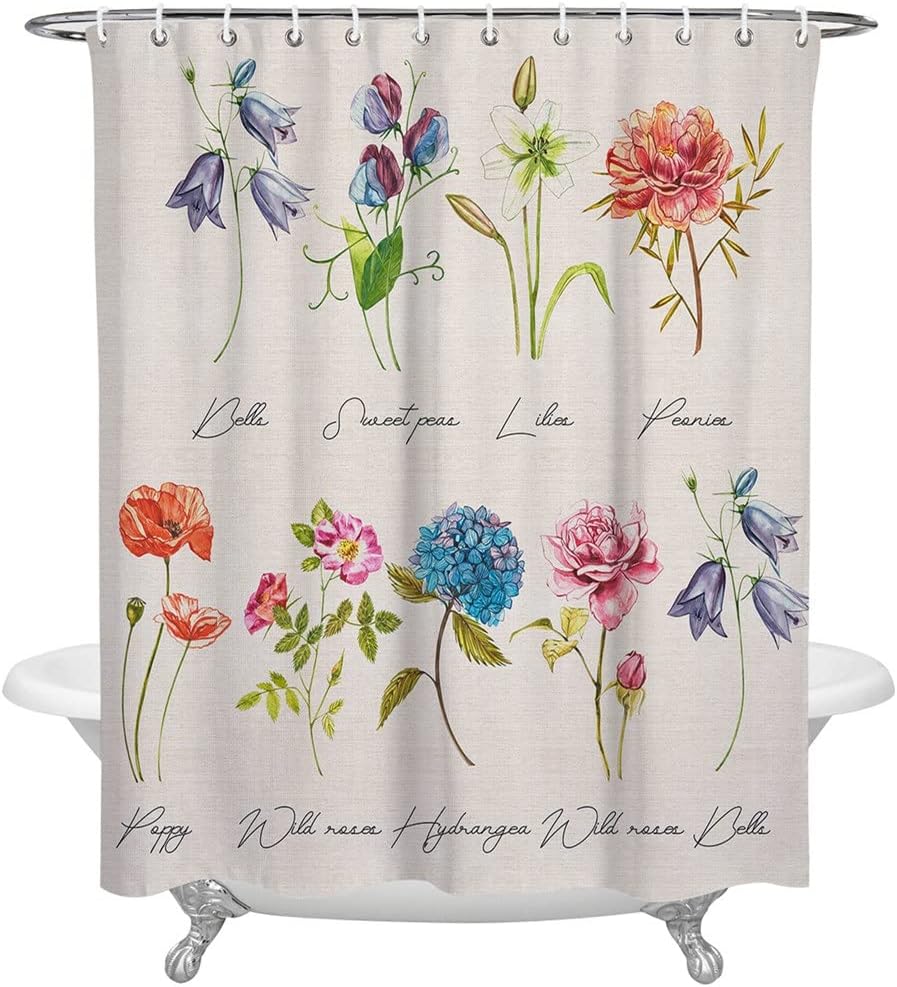 Vintage Flower Herbaceous Plant Linen Texture Shower Curtain Home Bath Decor Polyester Fabric Bathroom Curtain (Color:D,Size:183X214CM)(D 183X183CM)