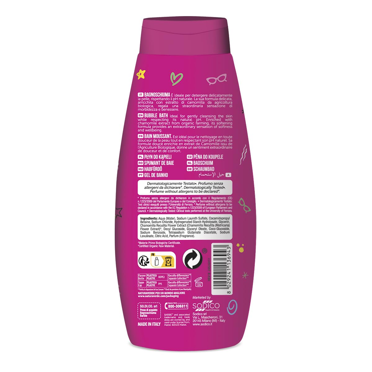 Naturaverde | Barbie Bagnoschiuma 250 ml, Formula Delicata con Estratto di Camomilla Biologica per l' Igiene Sicura dei Bambini