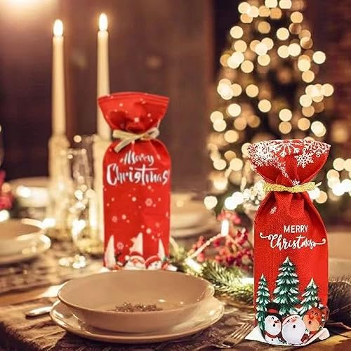 Miniatura 6 de Yahpetes Vestido de botella de vino de Feliz Navidad – 2 bolsas de cubierta de botella de vino tinto con cordón para decoraciones de fiesta de