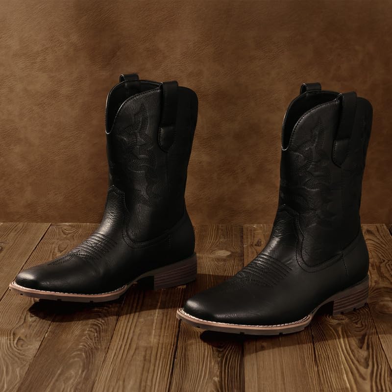 Suokdil Cowboy Boots for Men - Men's Western Boots with Embroidery, Slip Resistant Square Toe Chunky Heel, Durable and Fashionable Retro Classic Footwear for Spring and Fall - Image 3