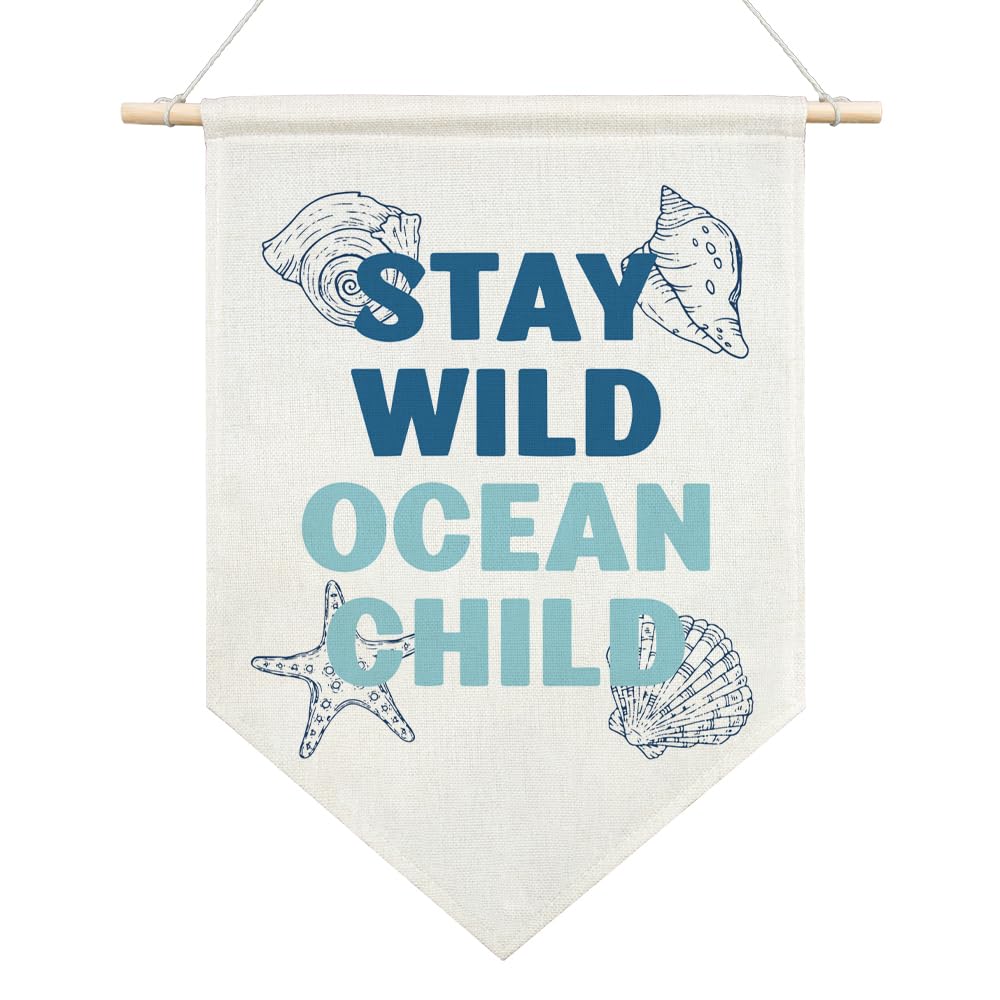 AGMDESIGN Stay Wild Ocean Child Canvas Hanging Pennant Flag Banner, Toddler Rooms Decor, Surf Room Wall Decor, Home Playroom Kids Room Nursery Flag