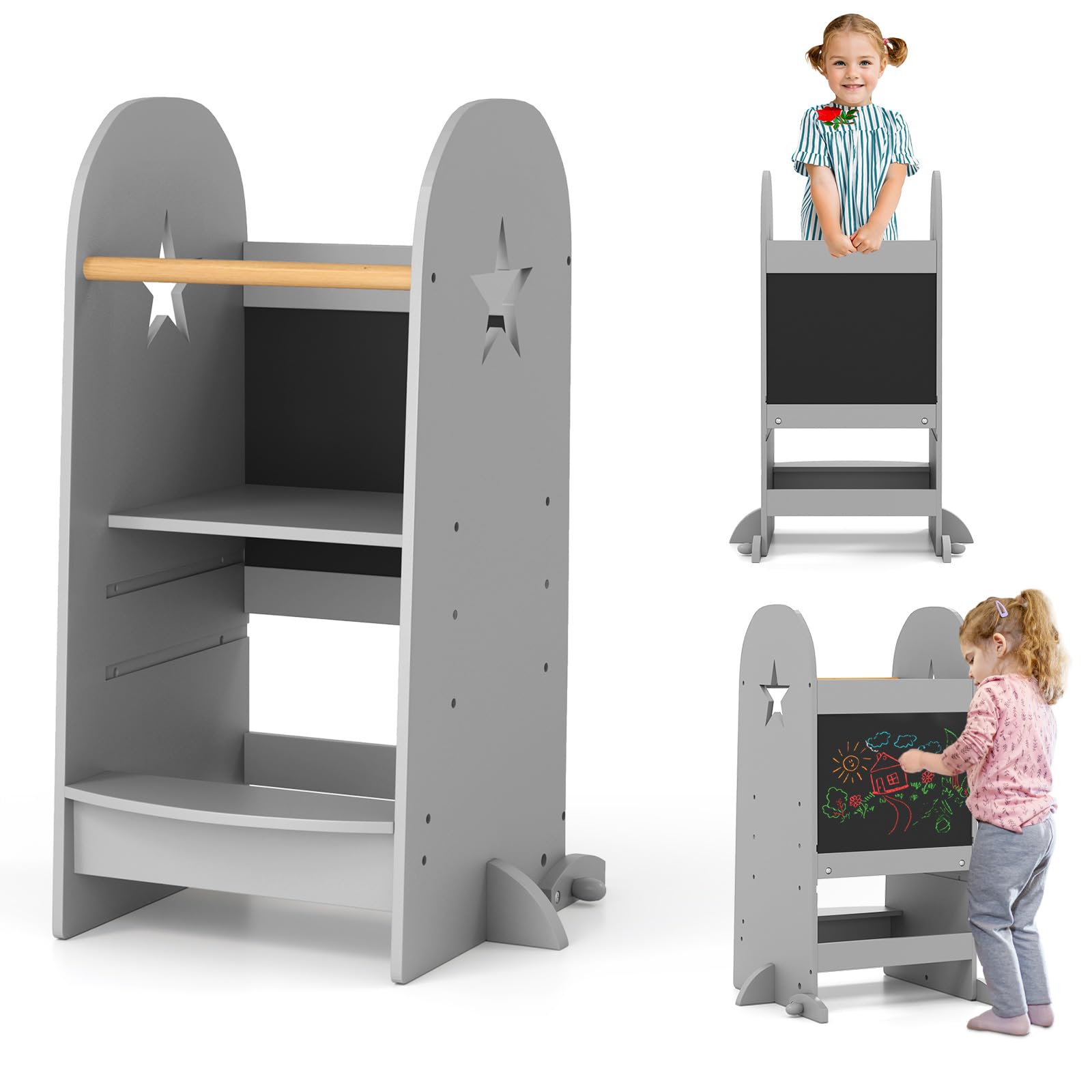 COSTWAY 3 in 1 Lernturm Kinder, Tritthocker mit 3 verstellbaren Höhen & doppelseitiger Tafel, Trittschemel Montessori, Küchenhelfer Lernstuhl für Kinder, 90 kg Belastbar, Grau