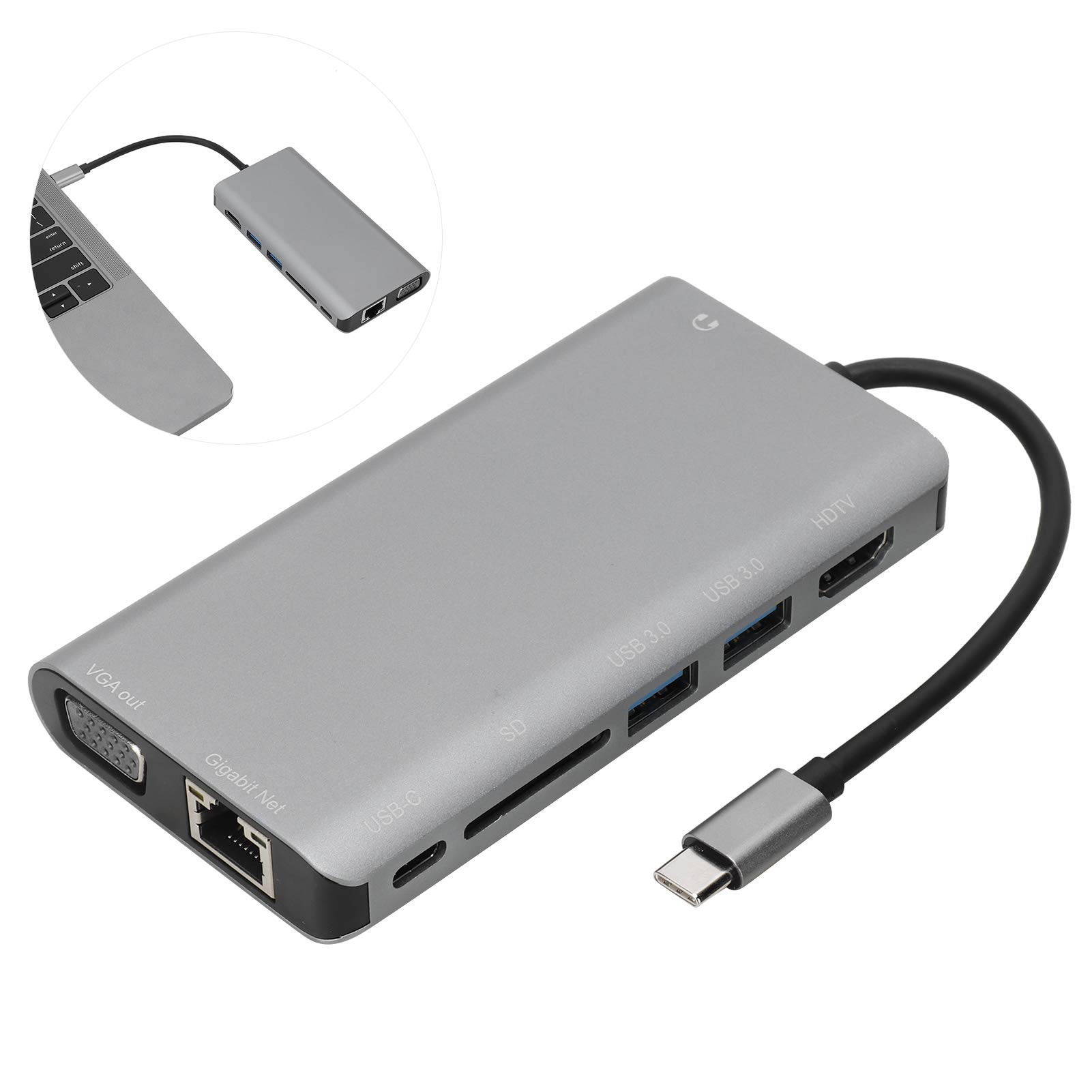 Hub 8 in 1 da tipo C a RJ45 VGA USB 3.0 Jack SD HDTV PD, hub multifunzione per laptop, adattatore in lega di alluminio con ricarica rapida, trasferimento dati ad alta velocità per