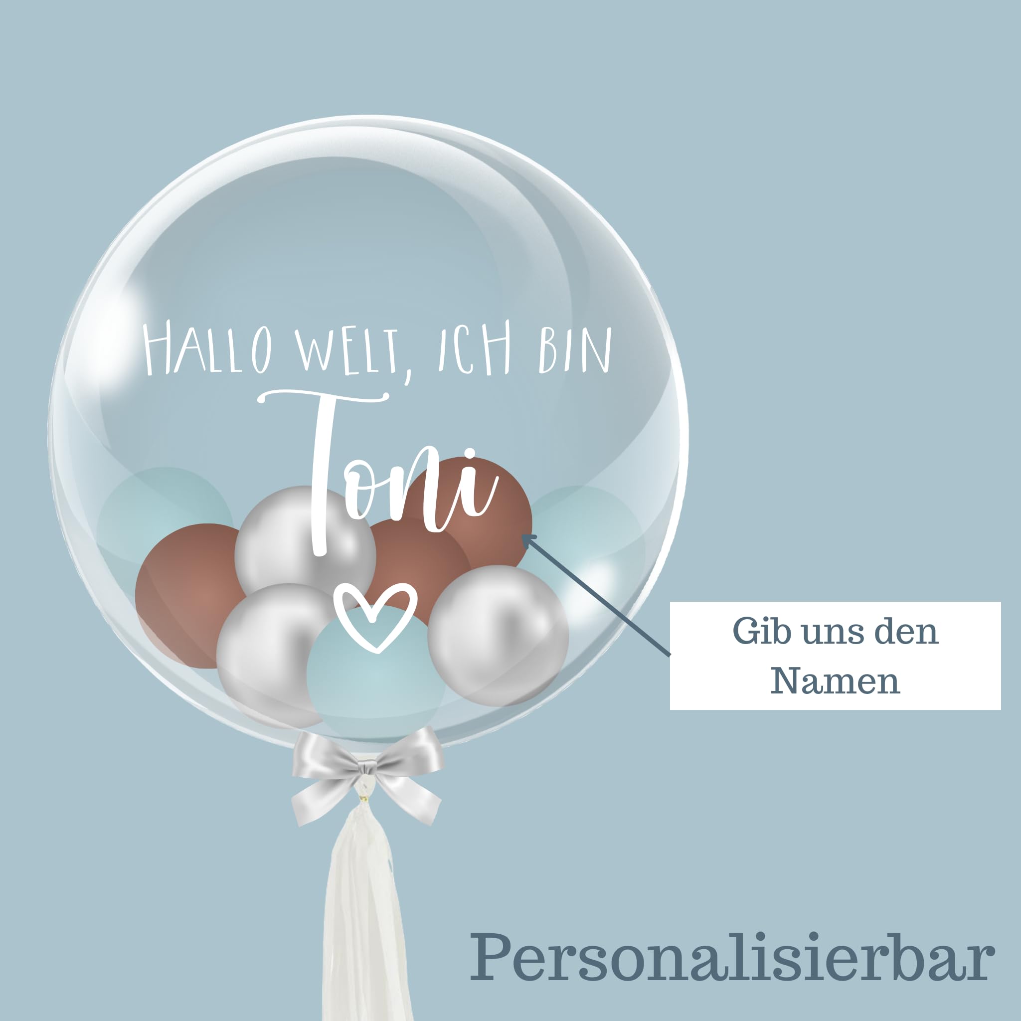 Hallo Welt - Bubble Fabrik - Personalisiertes Ballongeschenk: Durchsichtiger Heliumballon mit Bunten Ballons, Geschenk zu Geburt, Geschenkidee für Eltern