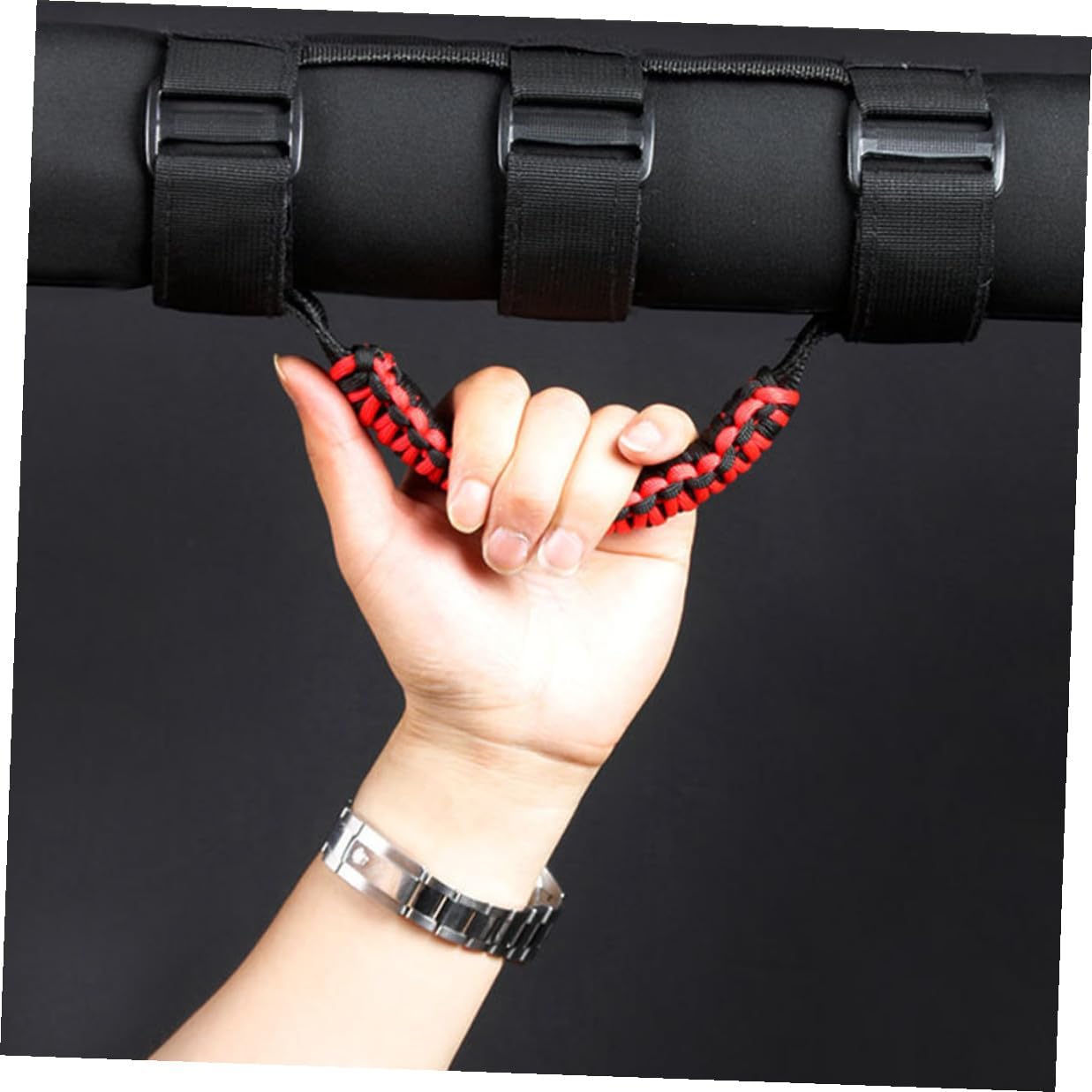 4pcs Paracord Grab Handles Vehicle Car Roof Assist Handles Compatible with Off-Road SUV Models Black with Red Rope