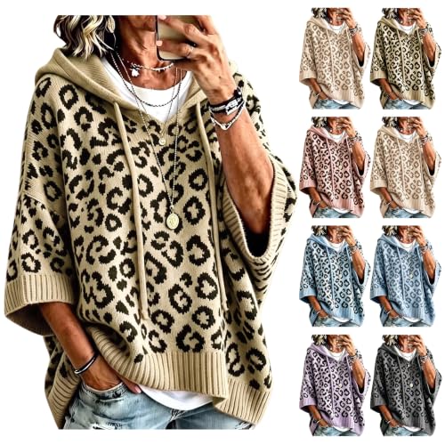 Sweaters for Women Oversized Leopard Print 3/4 Sleeve Hooded Knit Pullover - image 1