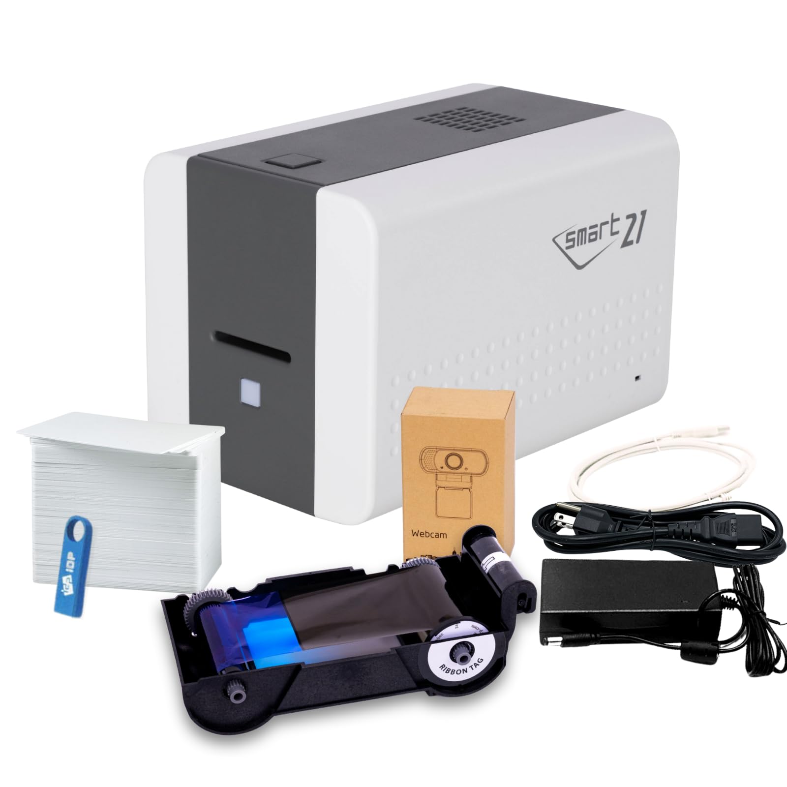 IDP SMART-21SB-EZ ID Card Simplex Printer Bundle with Easy-Load Ribbon. PC Only Software, 100 Print YMCKO Color Ribbon, 100 PVC Plastic Cards, USB Camera, &amp; IDP EasyCapture Photo Capture Tool Trial