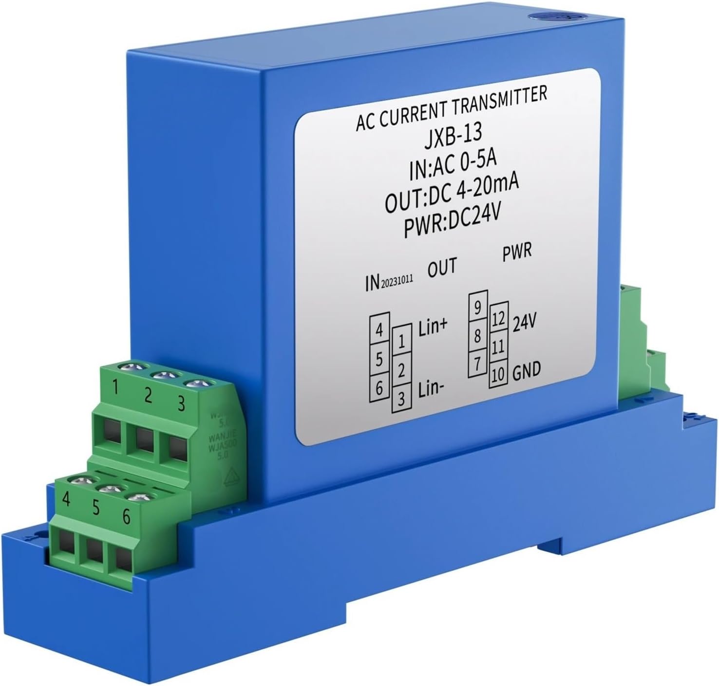 DC24V 4-20mA Current Transmitter 0-1A 0-2A 0-5A 0-10A AC DC Current Transducer 0-10V 0-5V 1-5V RS485 Output Current Sensor DC24V(Input DC 0-5A)