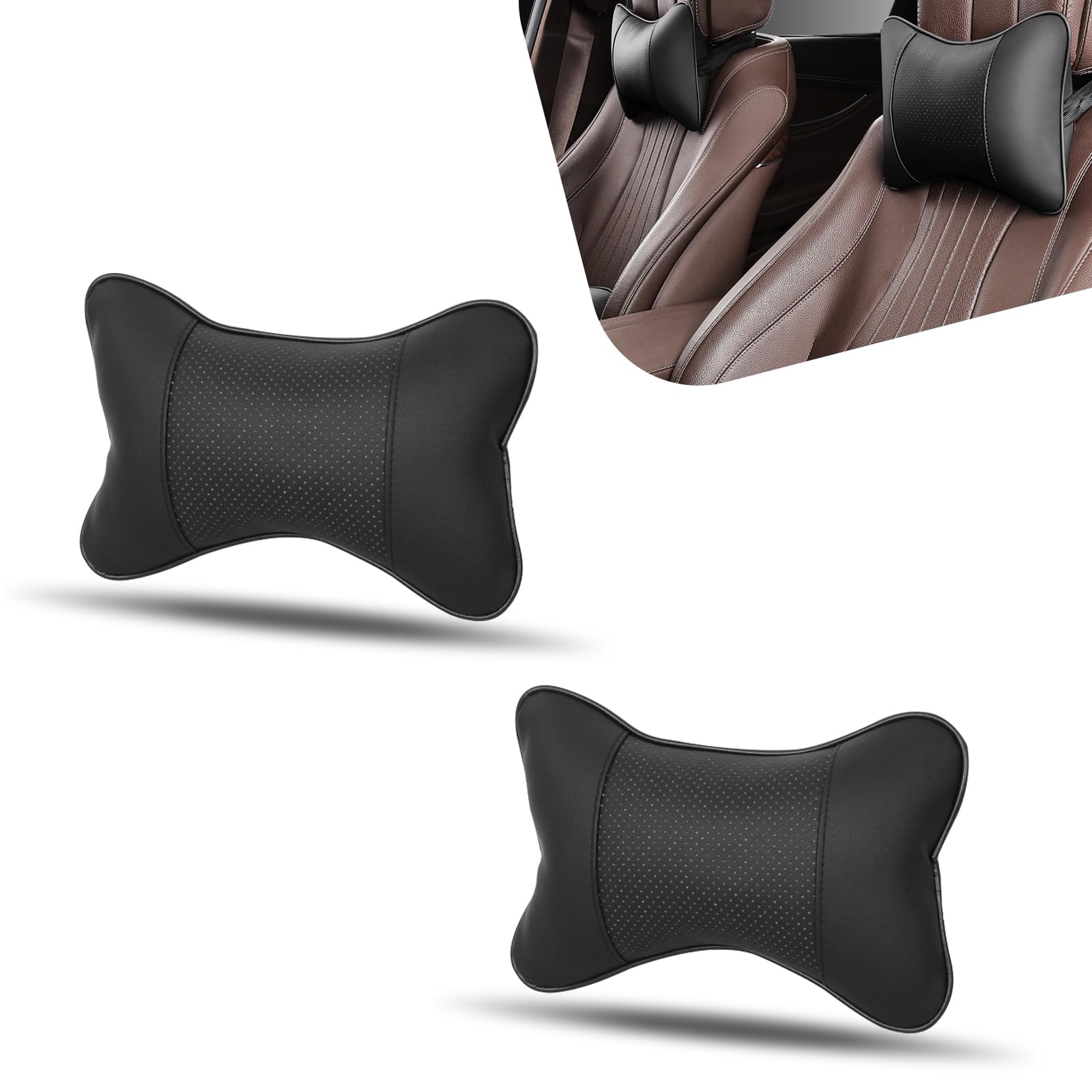 2 PCS Car Seat Neck Pillow, 9.8" x 6.6" x 3.5" Comfortable Support Neck Pressure Relief Cushion for All Seasons, Bone Shaped Breathable PU + Soft Fill Pillow, Universal for Cars (Black)