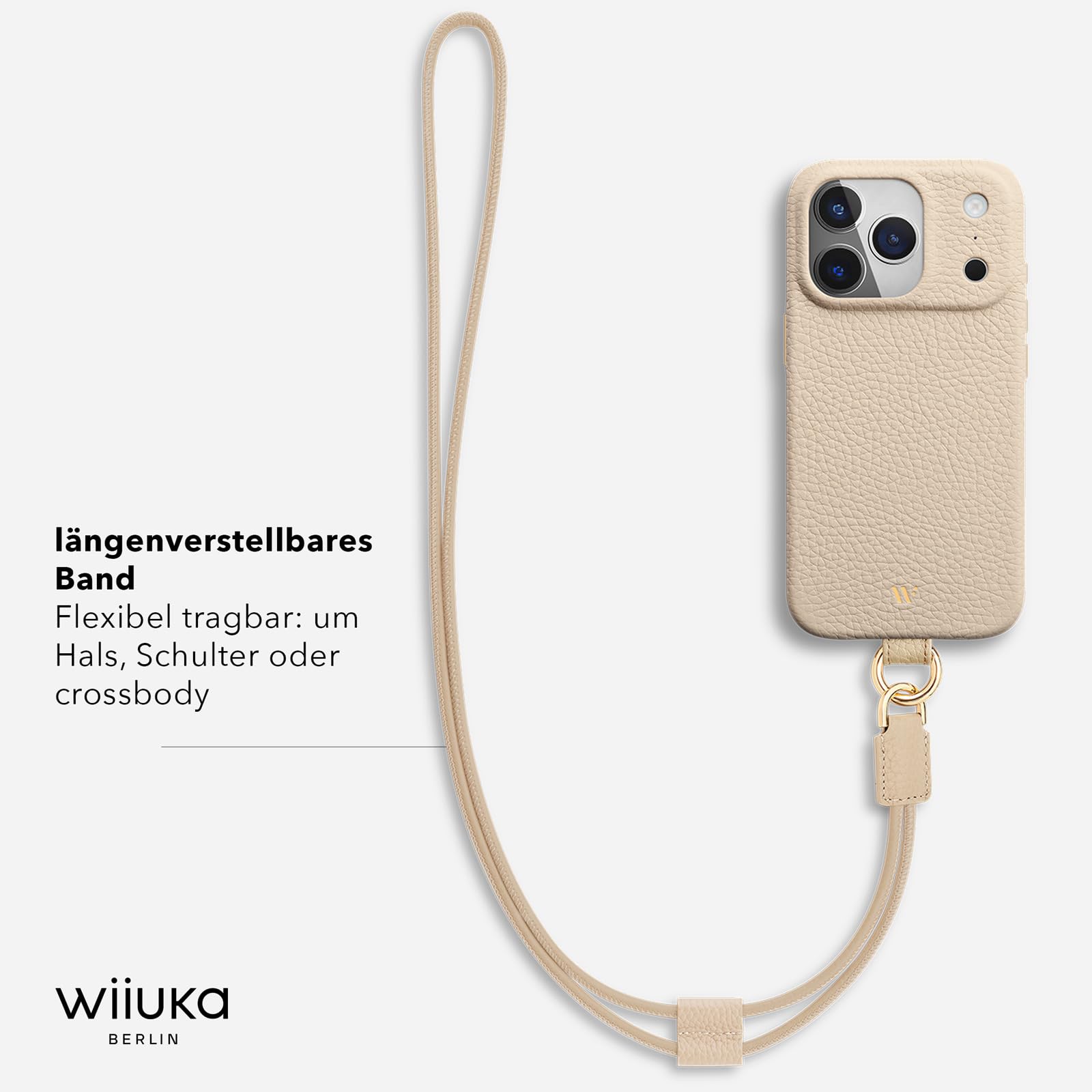 WIIUKA Custodia per iPhone 17 Pro Max, in pelle dalla Germania, in pelle per cellulare, custodia di alta qualità, con catena a tracolla, anello per sci, beige crema