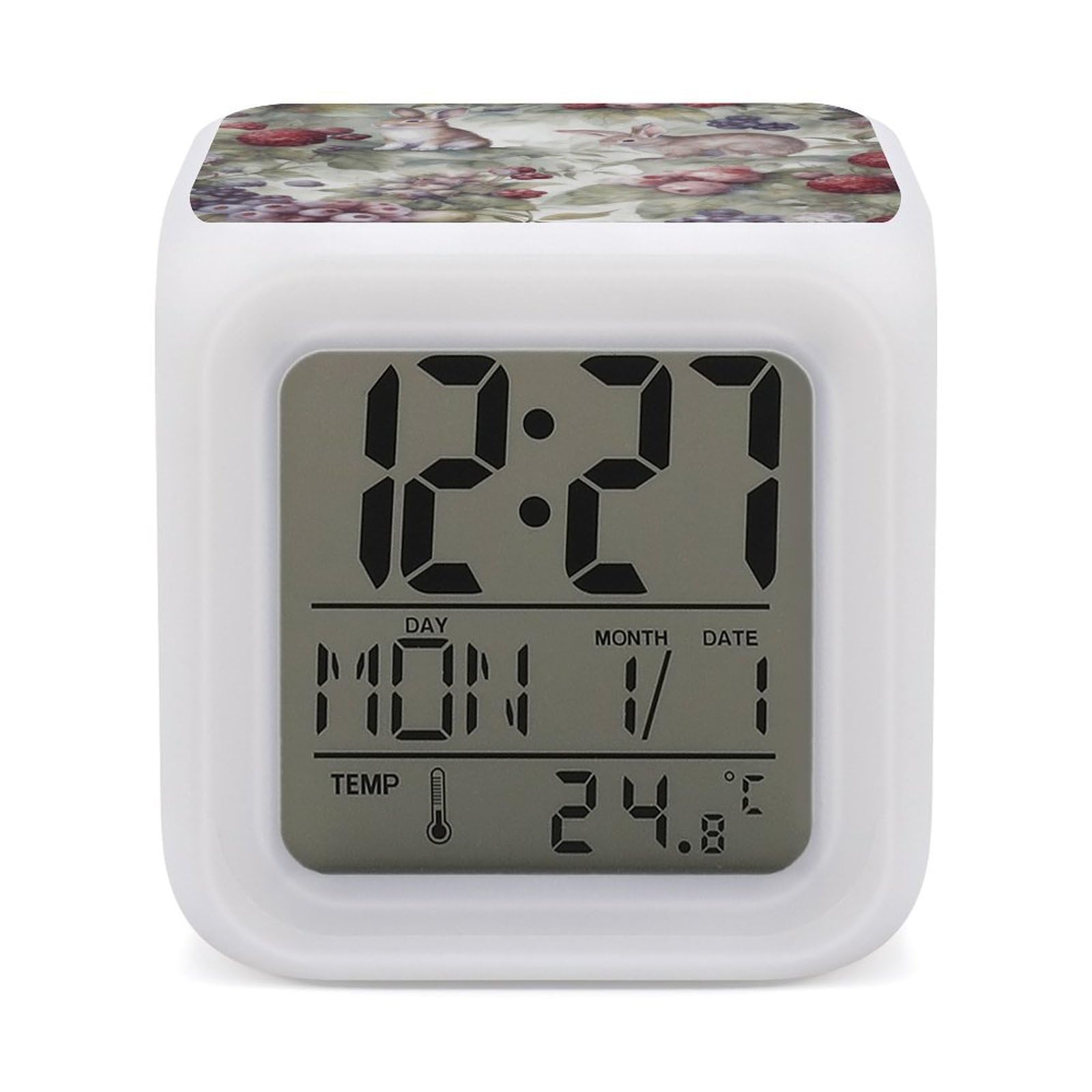 JTREHY 7 Color Changing LED Digital Alarm Clock,Hand Drawn Rabbit Printed Wake-up Clock with Temperature Display Home Decoration Alarm Clock for Bedroom Office