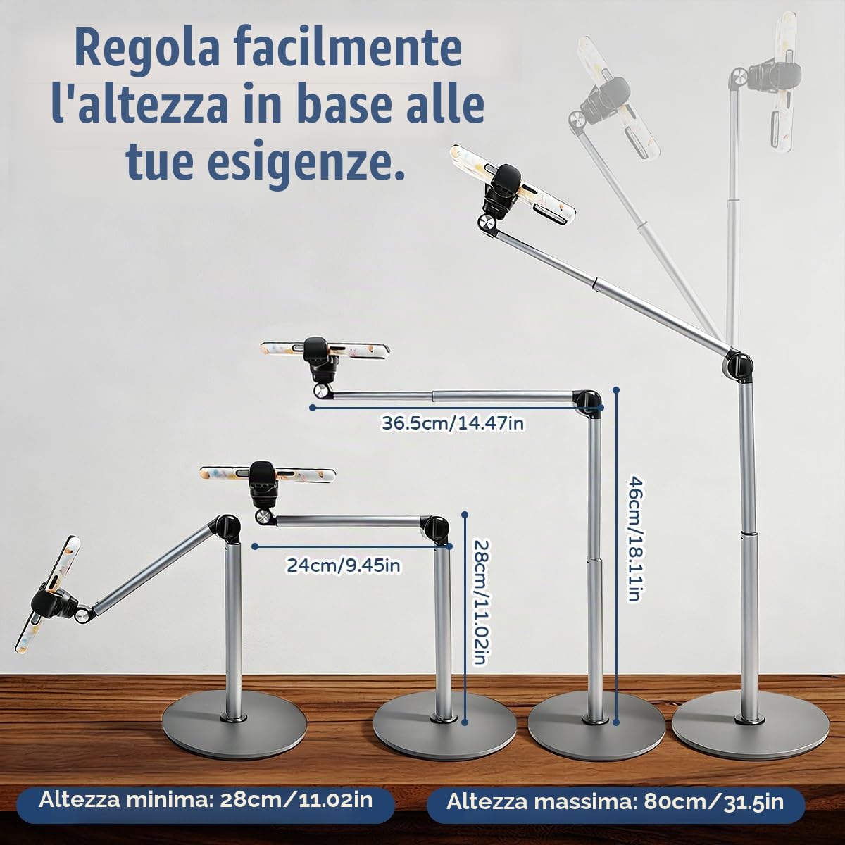 Supporto da Tavolo per Telefono Cellulare Supporto per Telefono con Braccio Telescopico e Rotazione di 360° PortaCellulare per Video con Robusta Base per Riprese Fotografiche Piatte Livestream