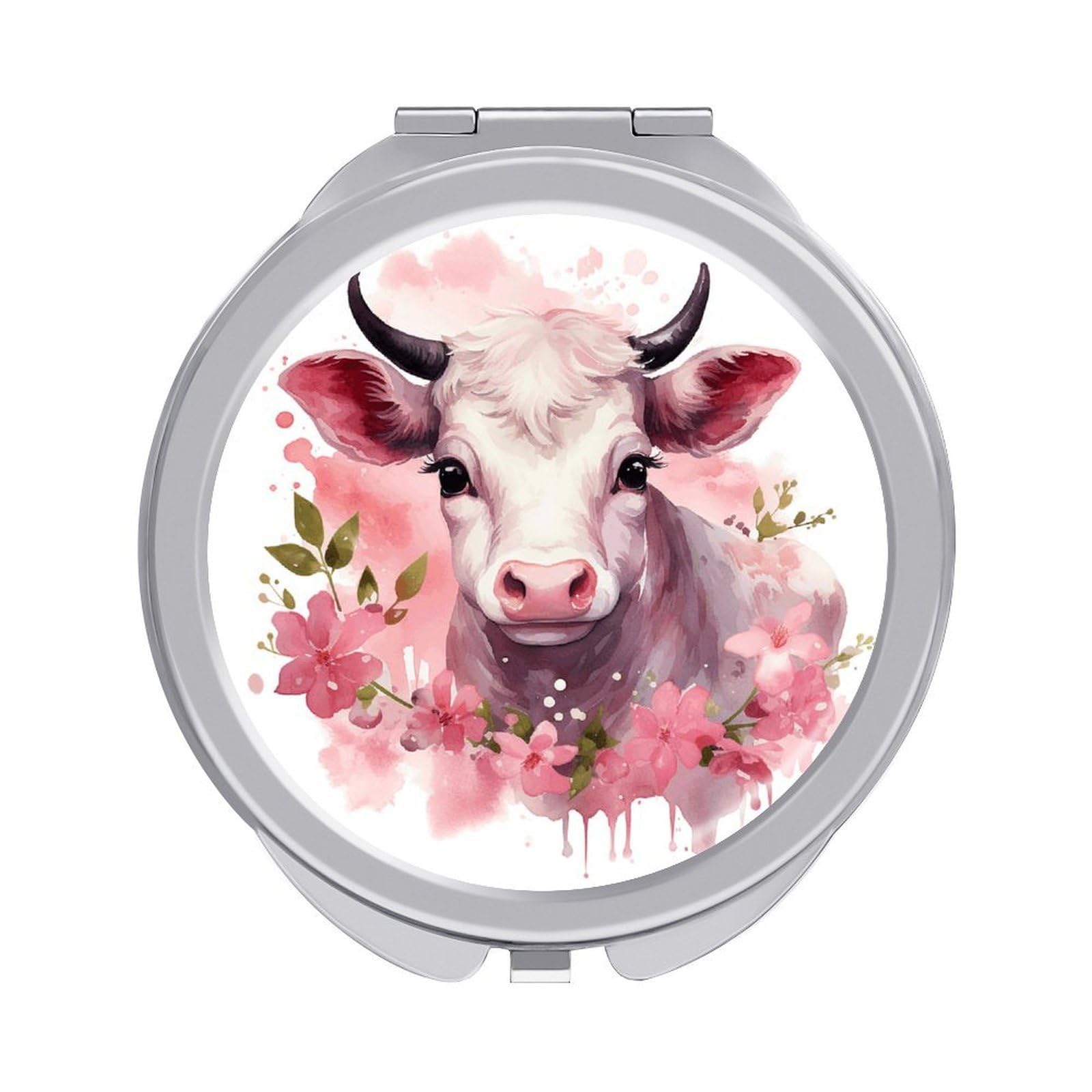 VstaDank A Little Cow Compact Mirror for Purses Round Fashion Travel Makeup Mirror 2X /1x Magnifying Double Sides Mini Mirrors Portable Pocket Mirrors for Handbag Purse Women Gift
