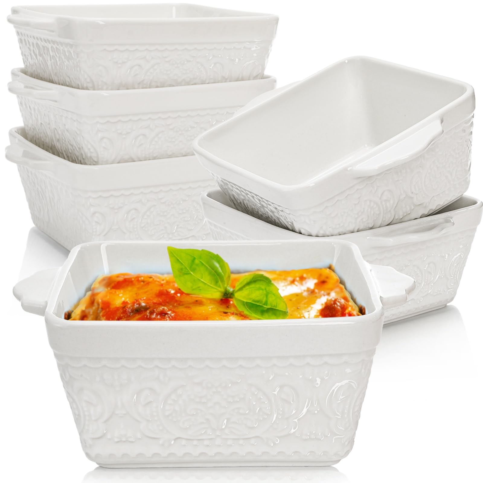 Confezione da 6 teglie da forno in ceramica da 368,5 g, mini set da forno quadrate da 11,4 cm, piccole teglie da forno con manico, casseruola singola per forno, arrosti, lasagne, torte