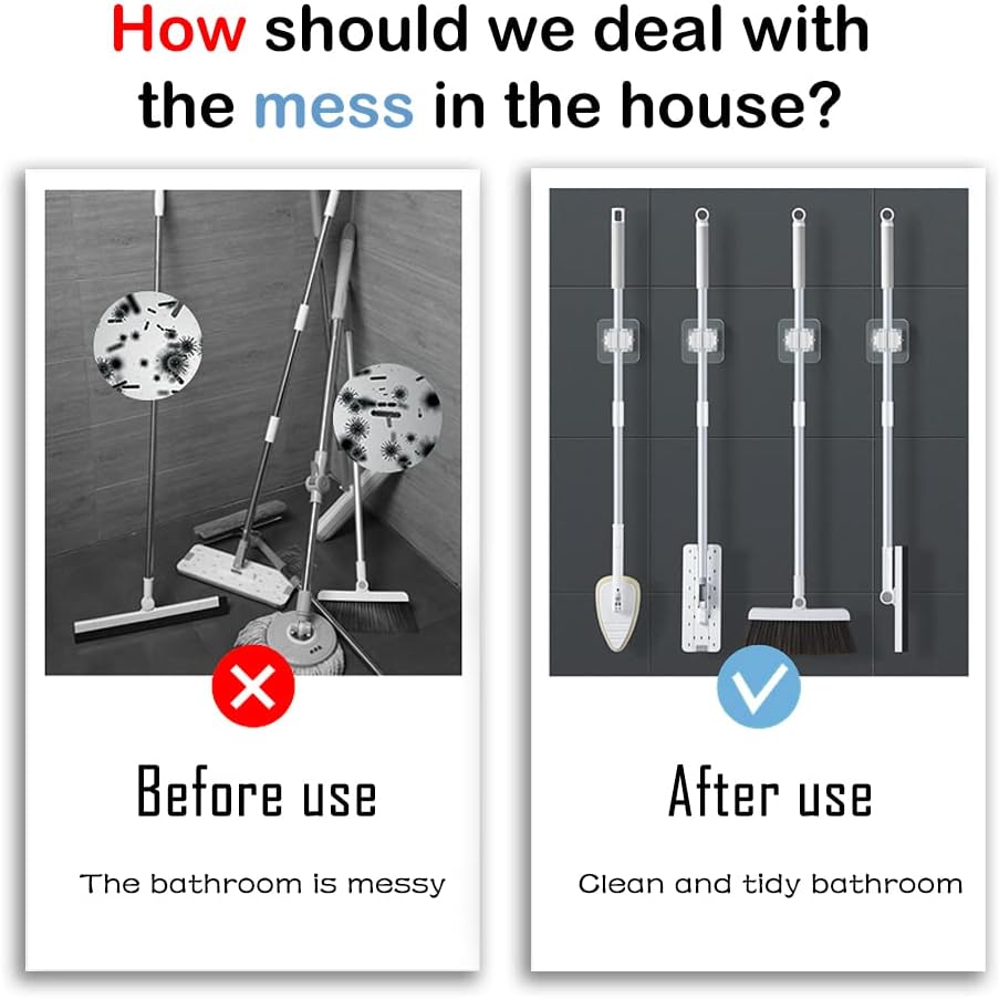 3-H Mop and Broom Holder Wall Mount, Mop Holder Wall Mounted 24Pcs, Broom Organizer Wall Mount Self Adhesive for Cleaning Room Garden Garage House Kitchen Bathroom Closet Door Organization(whtie 1